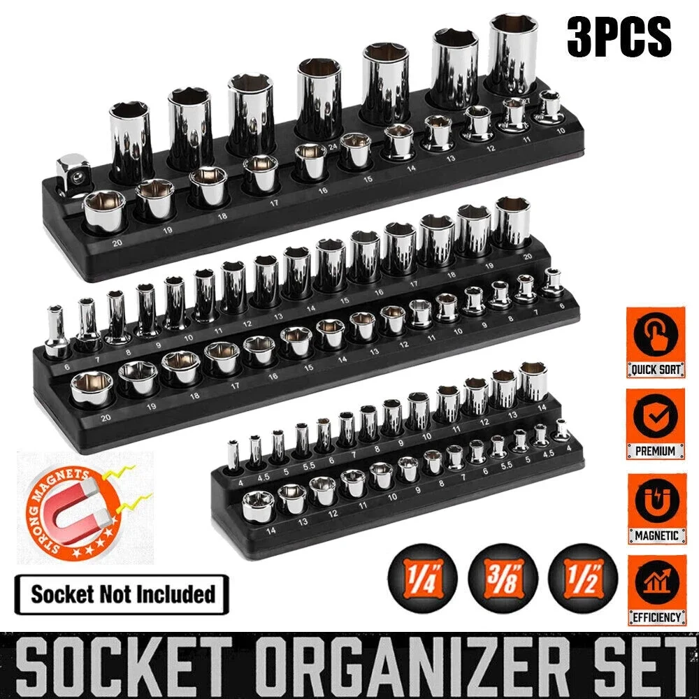 

Magnetic Socket Organizer Set 3PCS Socket Holder 1/4" 3/8" 1/2" Drive Metric Kit Sockets Holds