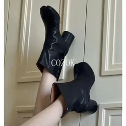 2024 markowe buty Tabi z rozciętym noskiem gruby obcas damskie skórzane Zapatos Mujer Fashion Autumn Women Botas Mujer