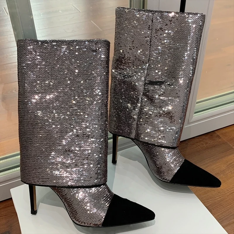 

Top quality genuine leather sequin upper women's high heels mid-calf boots with pointed toe design is elegant 25090312