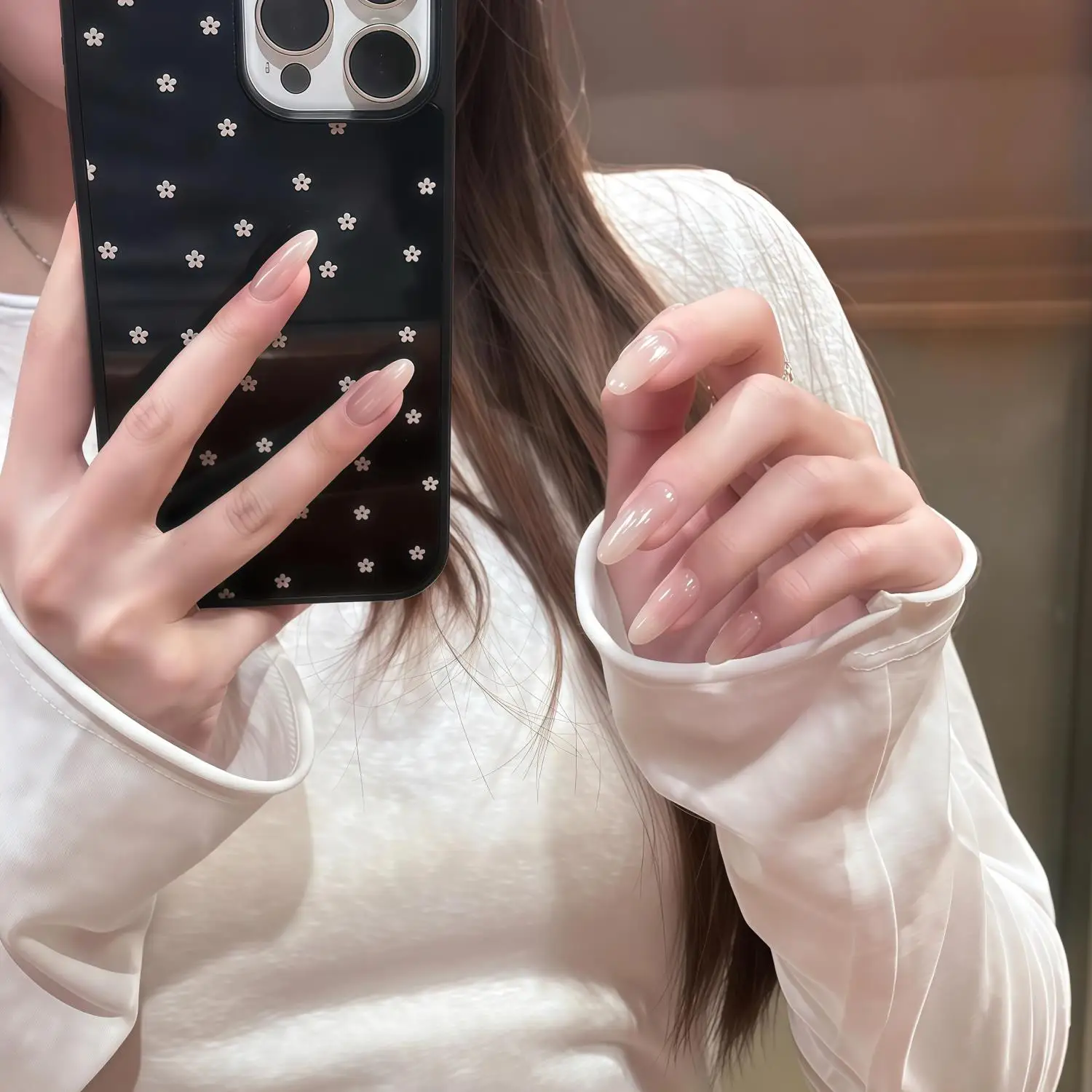 Korean No Makeup Watery Nude Gradient Handmade Press On Nails, Long Almond Clear Jelly Natural Fake Nails Without Rhinestones, R