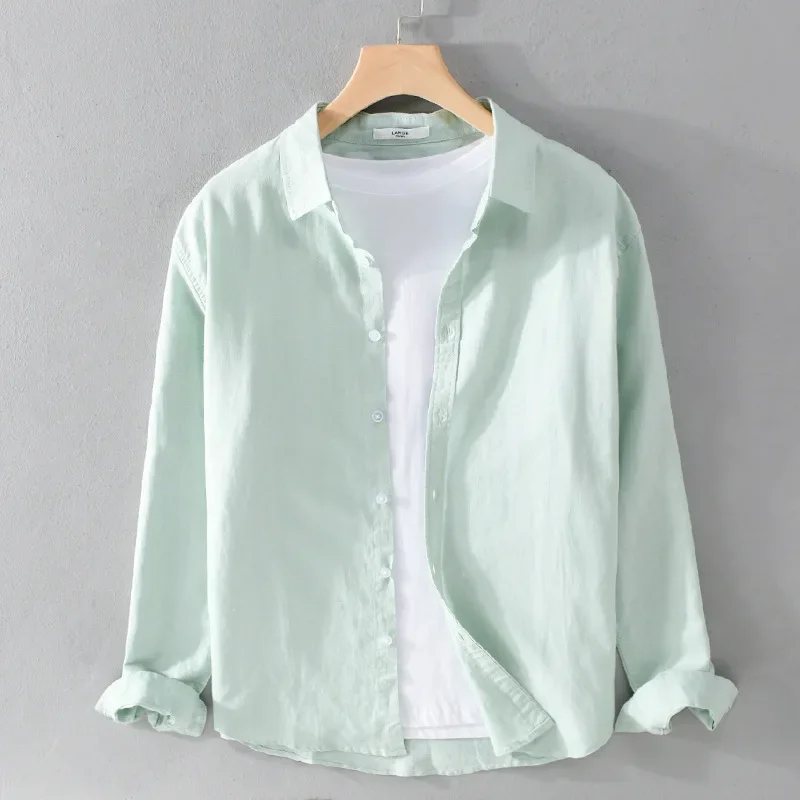 

Men's Cotton Linen Button Down Shirt Spring Casual Long Sleeve Solid Color Shirts Loose Work Tops