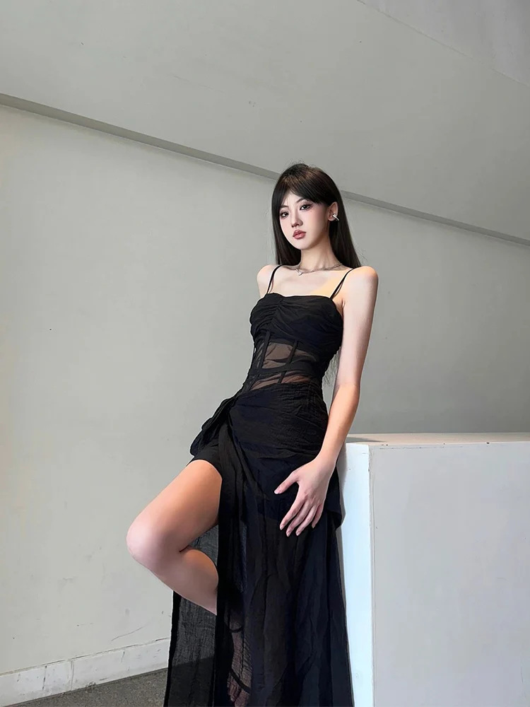 ReddaChic Gathered Black Maxi Long Evening Dress Women Patchwork Mesh Boned Bodycon Cami Dress Cocktail Party Desire One-piece