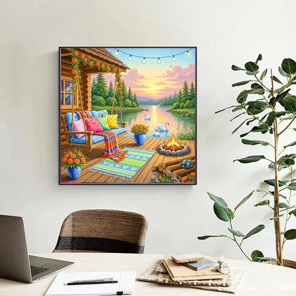 Cozy Wooden Cabin Porch Swing Scenery Oil Painting By Numbers Canvas Art Wall Decor for Living Room Handmade Gift Unframed