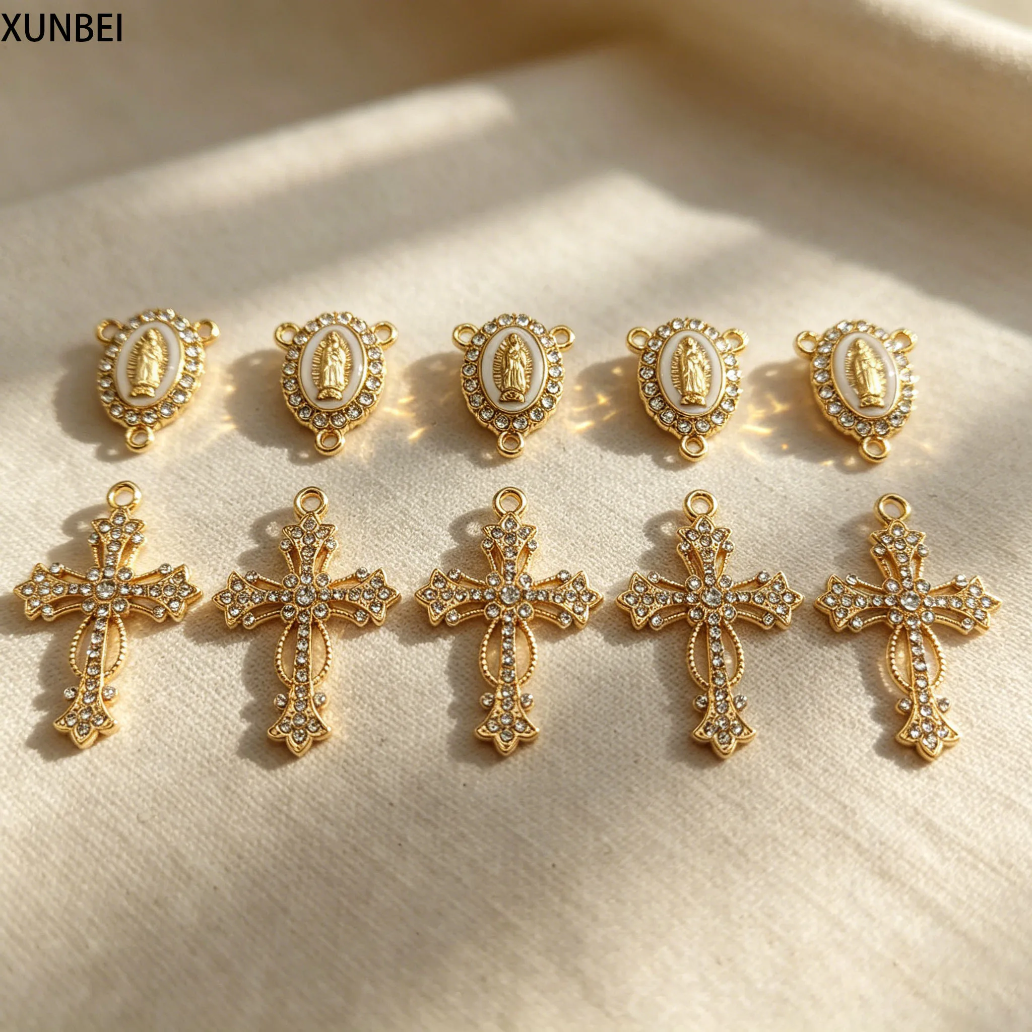 

5set Gold Plated Rhinestone Virgin Mary Cross Charms Connector Enamel Guadalupe Centerpiece for Rosary DIY Jewelry Making