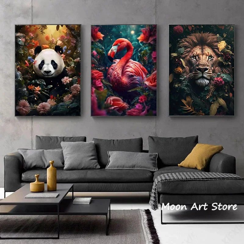 Abstract Animal Flower Poster Panda Giraffe Lion Leopard Canvas Painting HD Print Modern Wall Art Picture Living Room Home Decor