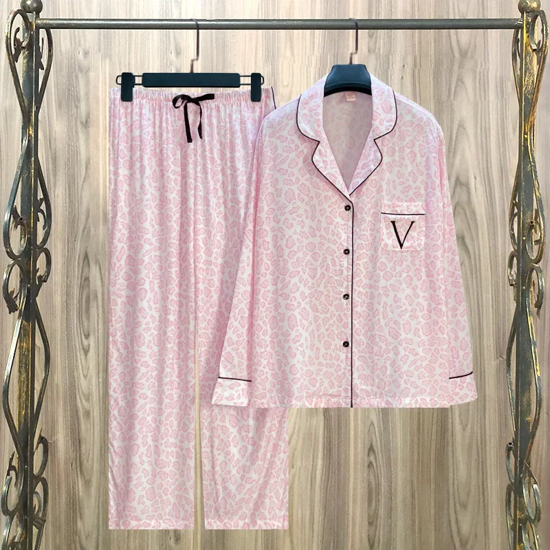 High Quality Sleepwear VS Pink Silk Satin Pajamas for Women\'s Spring Autumn Long Sleeved Home Wear 2-piece Set Nightwear