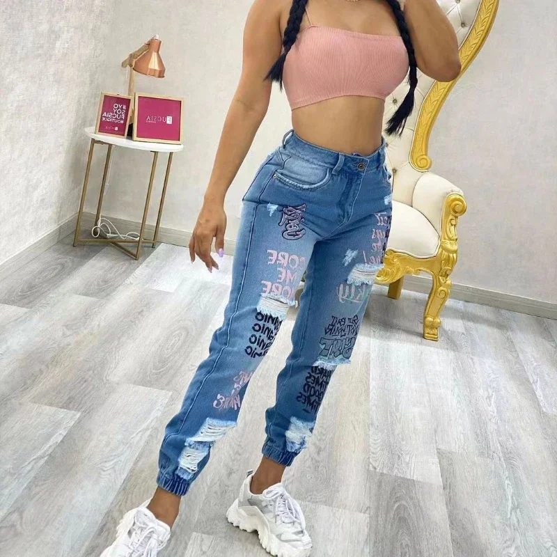 Letter Print Elastic Leg Pencil Jeans Women Ankle Length Ripped Holes Denim Pants Pockets Washing Slim Zipper Spring Flat Jeans