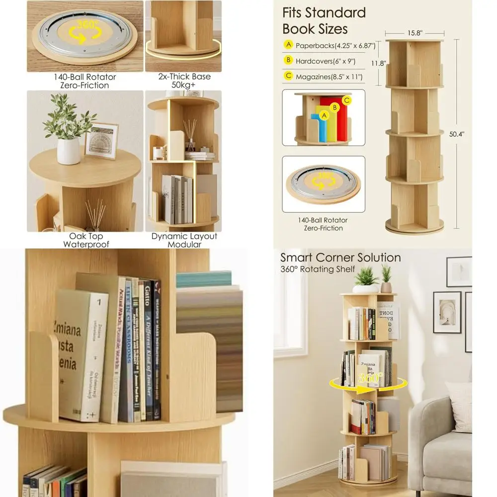 

4-Tier Swivel Bookshelf Tower - 360° Floor Standing Storage for Kids, Bedrooms, Living Rooms