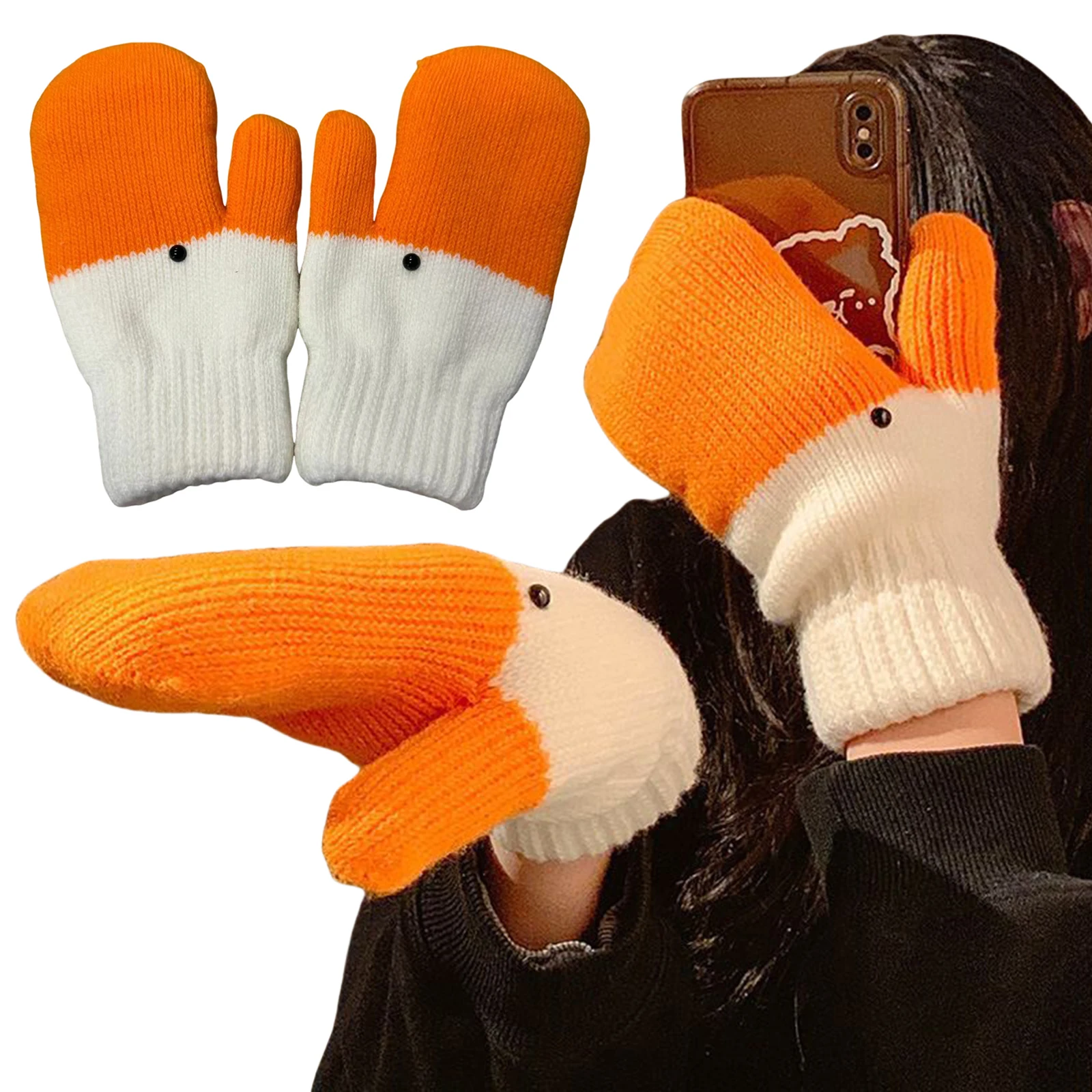 Funny Goose Shape Cold-Proof Full Finger Animal Warm Mittens for Autumn and Winter Creative Knitting Gloves Gift for Women Men view 3