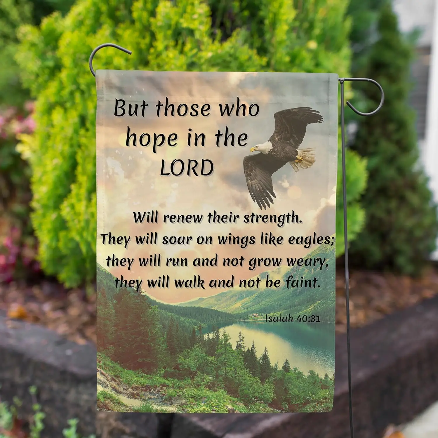 America Forever Bible Verse Garden Flag - 12.5 x 18 inch - Isaiah 40:31 Hope In The Lord - Christian Quotes Double Sided Rel WWP