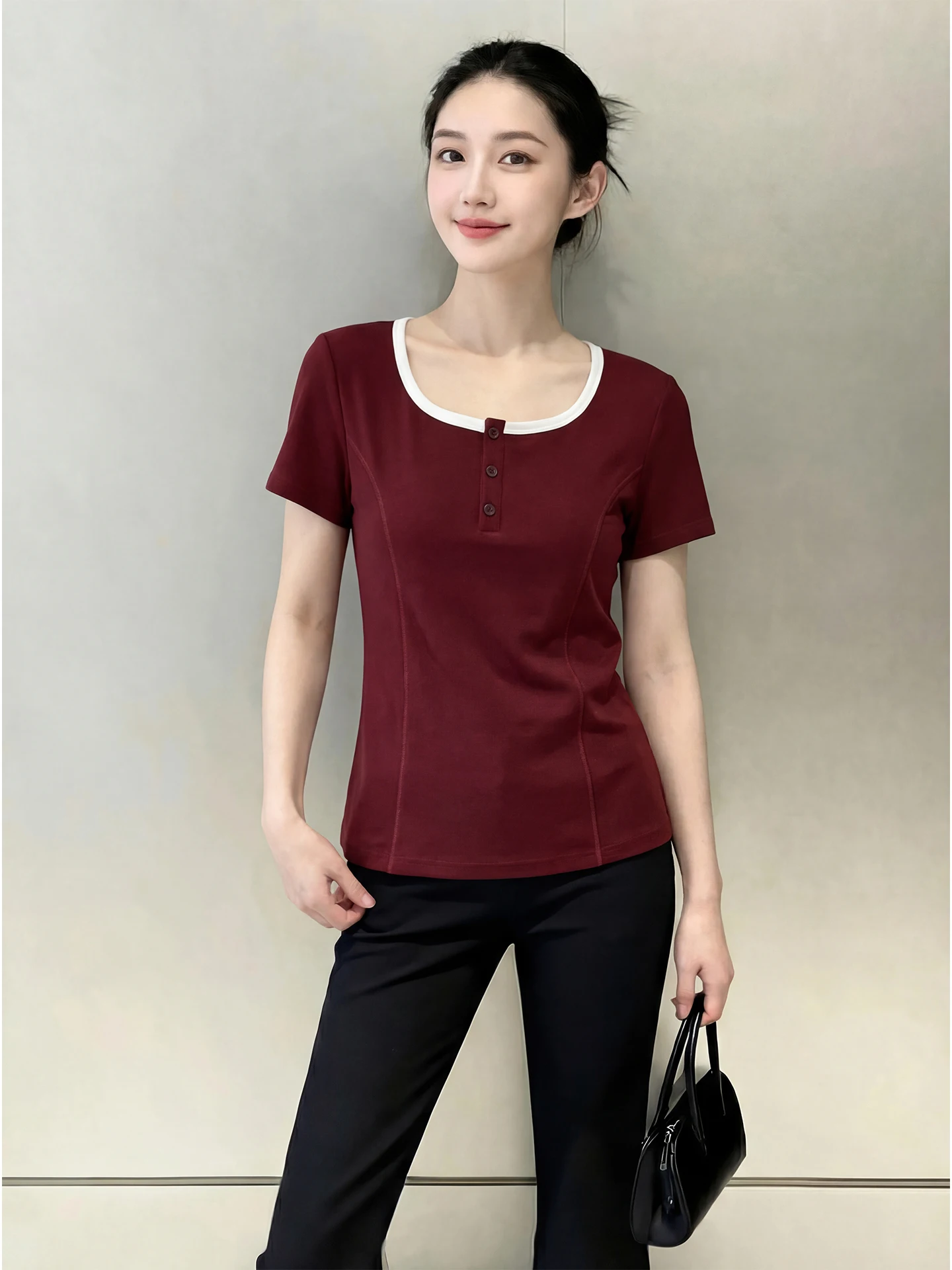 

Reduction Wine Red Slim Fit Button Cardigan Top ort Sve V-Ne T-irt Women's plus Size Korean Design Spring 2026