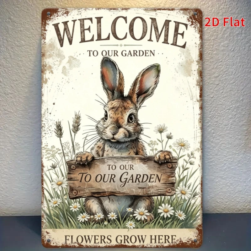 2D Flat Aluminum Metal Tin Sign 8x12in, Welcome to Our Garden Rabbit Floral Bunny Vintage Wall Art for Yard Patio Home Decor