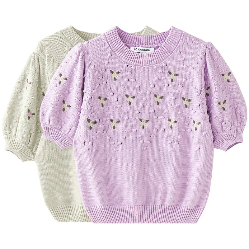 

Embroidered T-shirt Women 2023 Summer Short Purple Sweater Elegant Female Elastic Knitted Pullover Tops Vintage Chic Sweaters