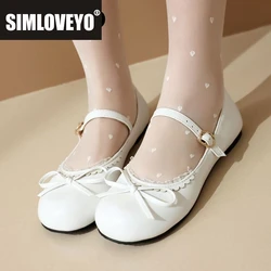 SIMLOVEYO 32 33 Women Flats Round Toe Bowknot Buckle Strap Plus Size 44 45 Soft Sweet Dress Shallow Girls Student Shoes Spring
