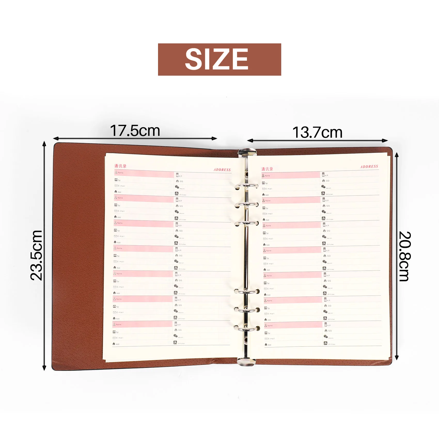 AM-A5 Notebook 6 Holes PU Leather Cover Notebook Loose Pocket Leather Refillable Notebook Binder Rings Journal