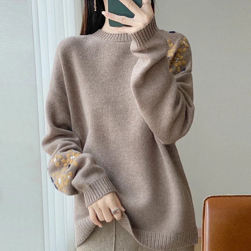 Женский толстый трикотаж из 100% шерсти - пуловер с круглым вырезом - украшенный вышивкой на плечах, теплый материал и деликатес