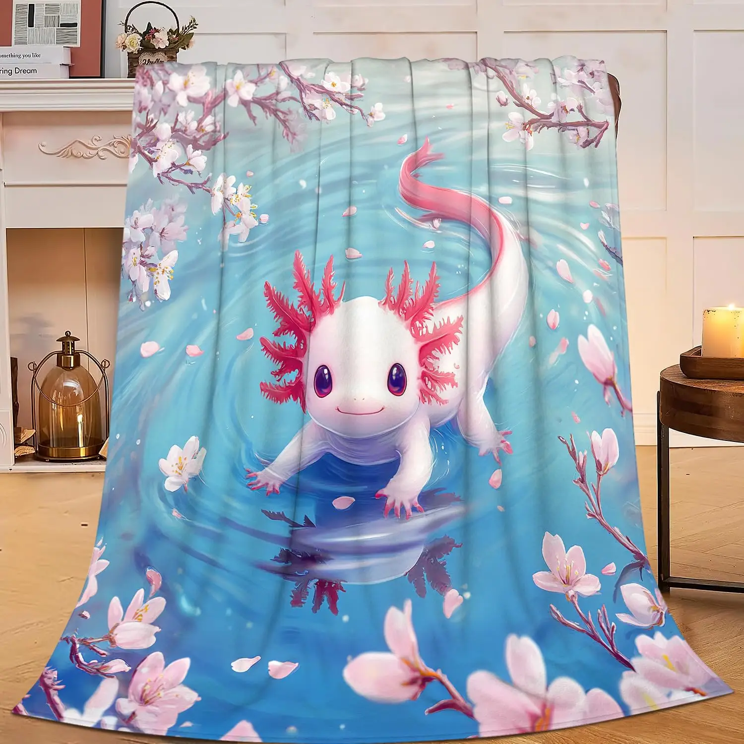 Cute Axolotl Throw Blanket for Boys Girls Cartoon Salamander Flannel Blanket for Kids Lap,Couch Sofa Bed Camp Travel Home Decor
