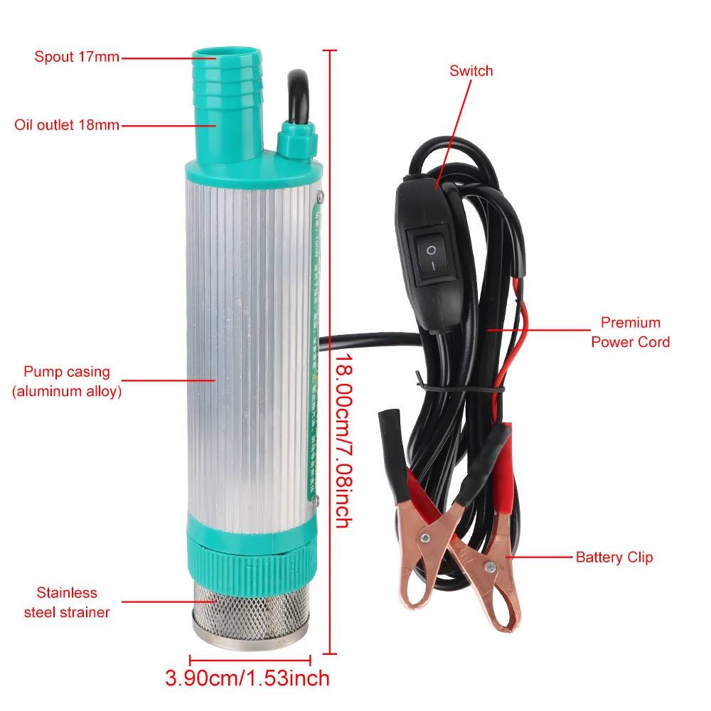 For Pumping Diesel Oil Water Submersible Car Electric DC Refueling Pump 12V Fuel Transfer 30L/min Aluminum Alloy Shell Mini