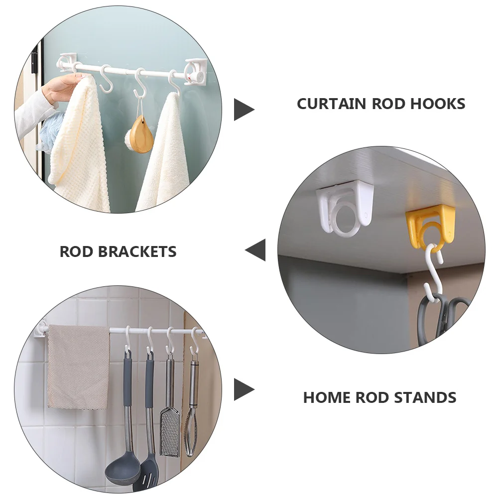 4Pcs Curtain Rod Holders Telescopic Rod Hooks Multipurpose Rotatable Ring Nail-Free Curtain Support Brackets Wall Mount Hooks