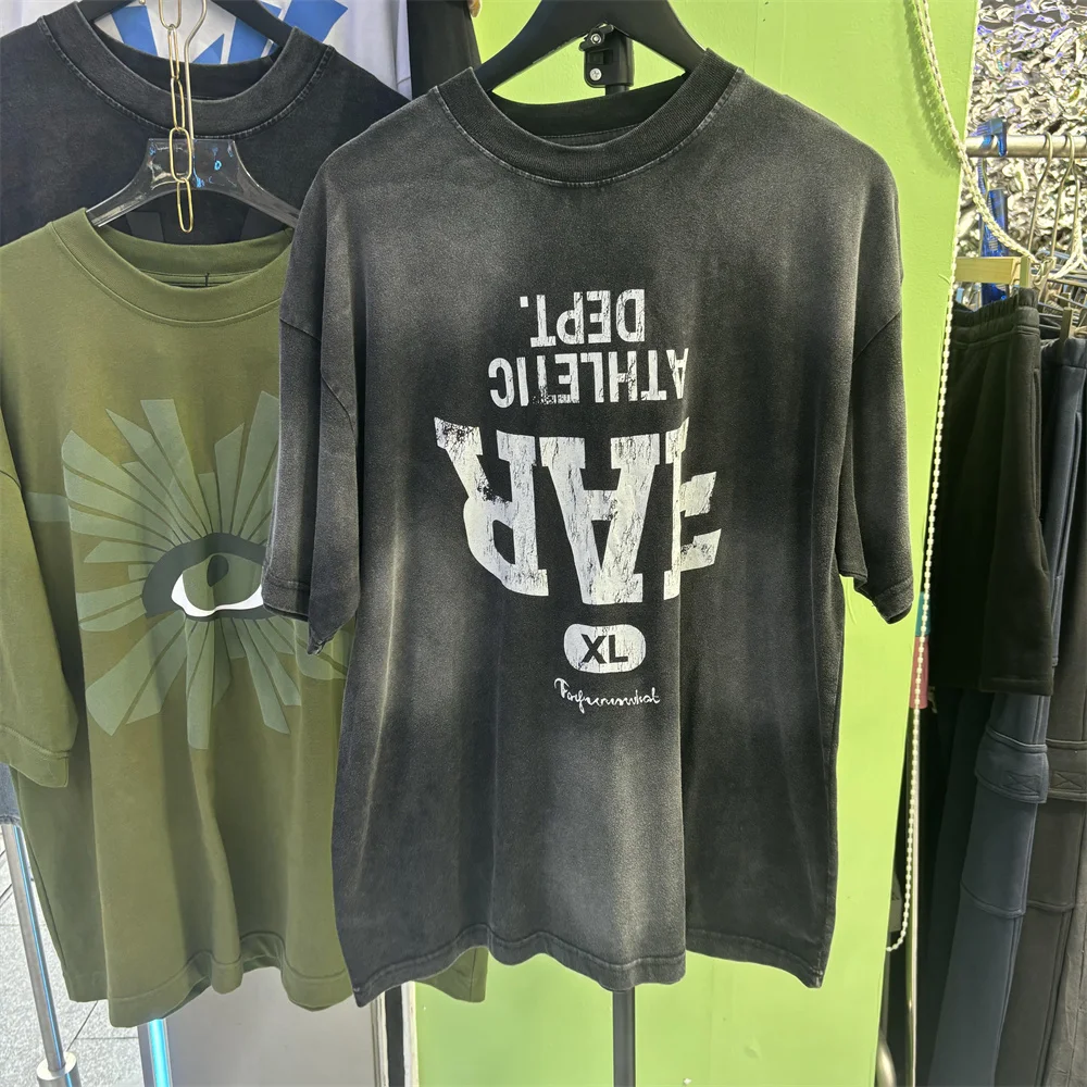 

Heavyweight American Sle Faded Logo Letter Print ort Sve T-irt ex Casual Cotton round Ne Top for Youth