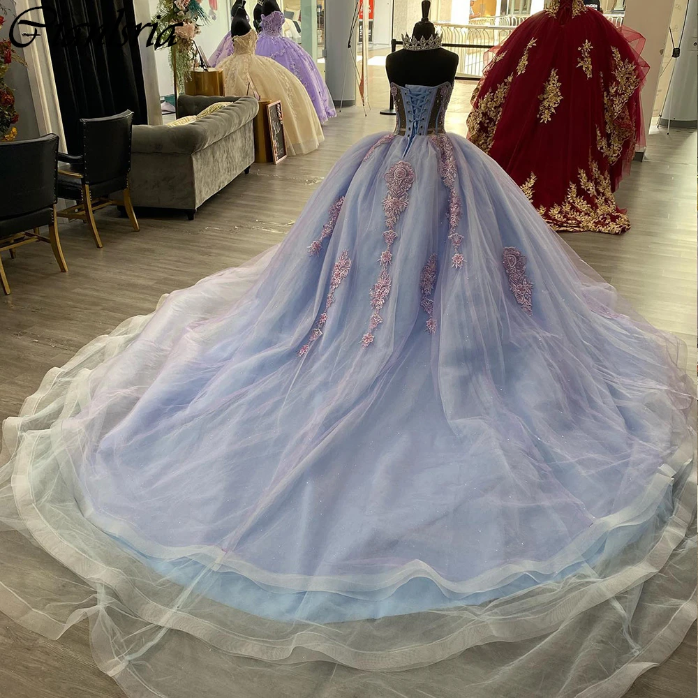 Vestidos Quinceanera de cristal sem mangas, vestido de baile, apliques rosa ilusório, espartilho de renda azul claro, 15 anos