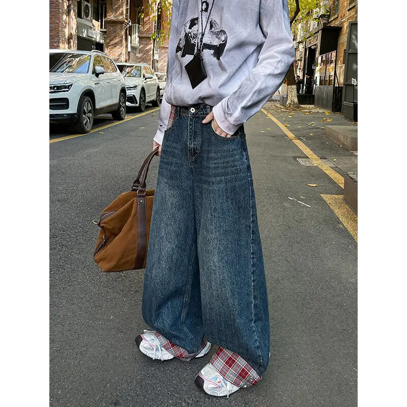 

Retro American Plaid Splicing Cuffed Denim Pants Men's Women's Cleanfit Knife Flared Loose Wide Leg Pants Youth Trendy Jeans