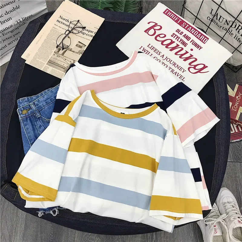 

2024 summer short sleeve Women's T-shirt Fashion stripe T Shirt Girl top Harajuku Graphic Tees Shirt Women Clothes student Tops