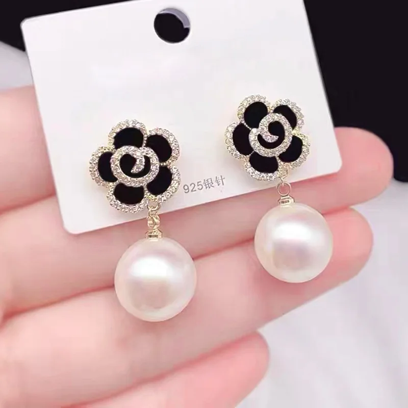 Elegant Party Imitation Pearl Drop Earrings for Women Black Enamel Oil Crystal Flower Dangle Earrings Korean Party Jewelry Gift