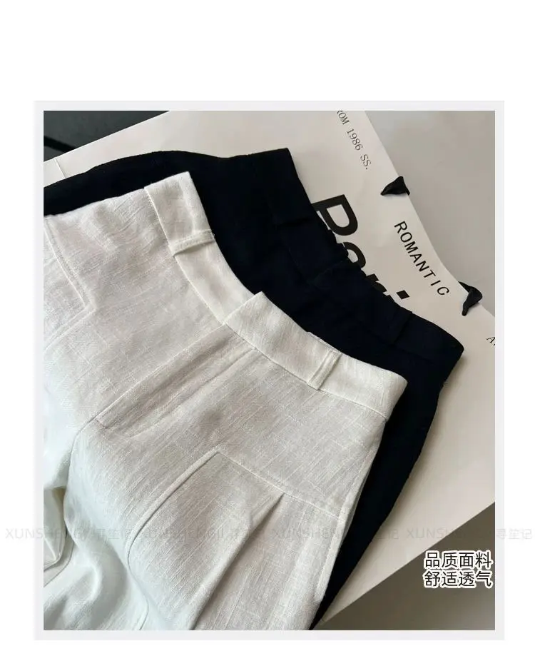 White Ramie Wide-leg Pants Women's Summer Thin High Waist Drape Old Money Style Suit Straight Sub-cotton and Linen Casual Pants