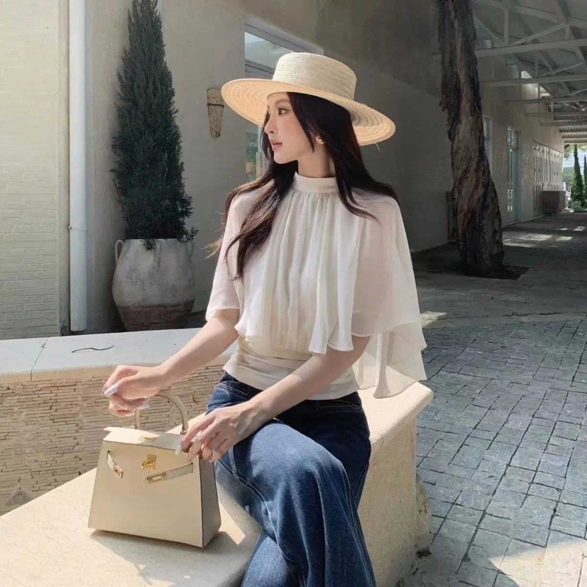 2026 New Women's Chiffon Shirt Slimming High Collar Cowl Neck Commute Style Short Sleeve Breathable Polyester Fashion Top
