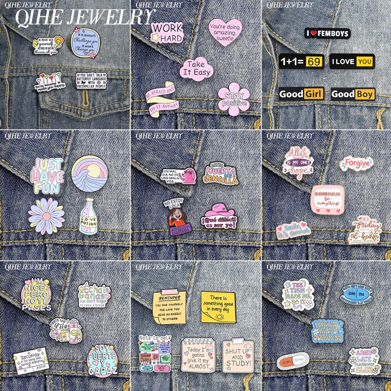 3-7pcs/set Spanish Sticky Notes Motivational Text Enamel Pin Humor Office Satirical Quotes You Are Allowed To Say NO Brooch Pins