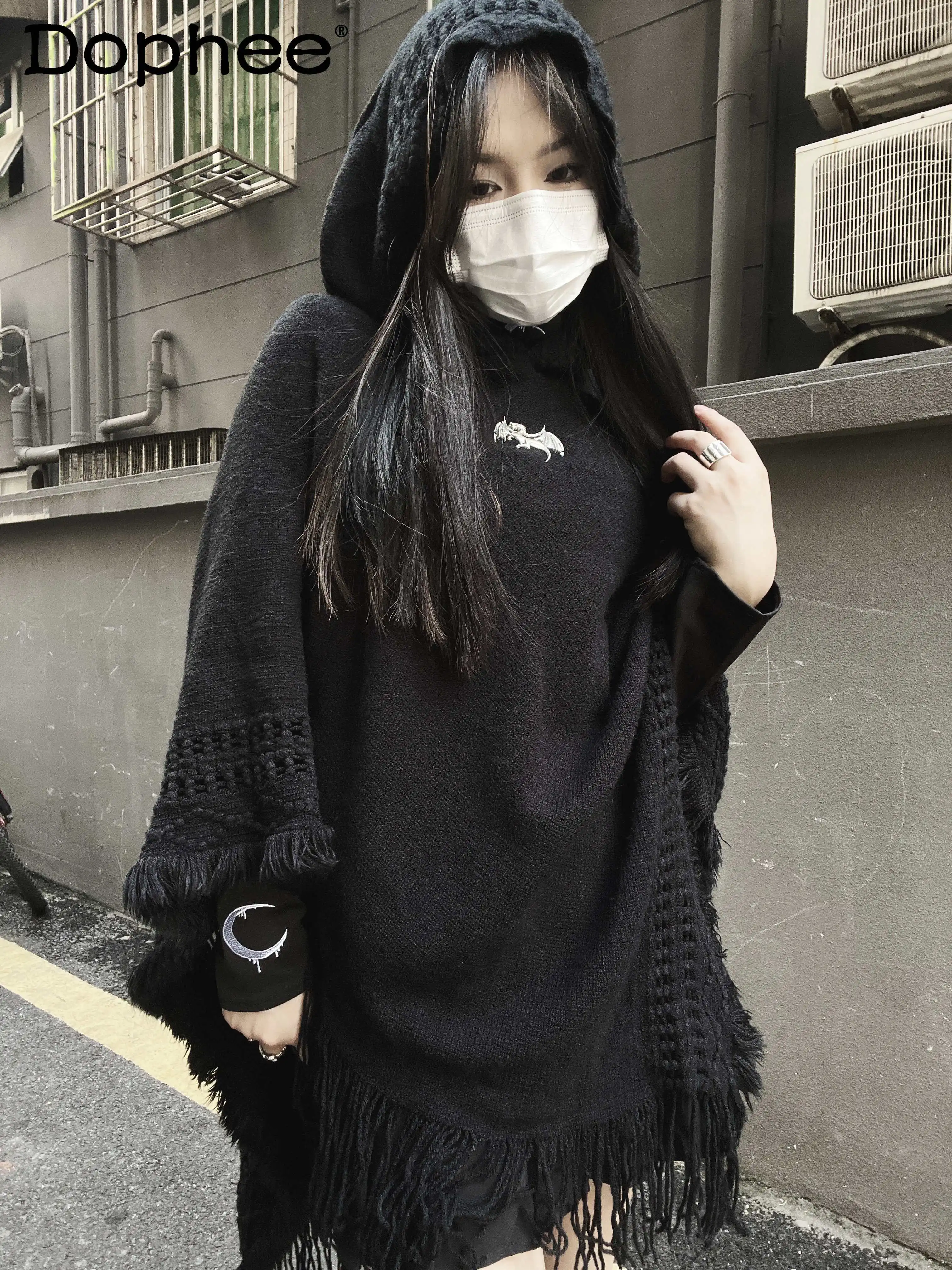 

Japanese Original Dark Style Lolita Loose Knitted Cape Retro Elegant Lady Tassel Pullover Hooded Sweater for Women