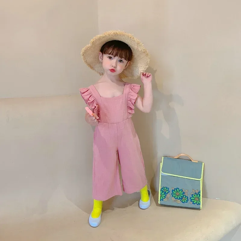 girl temperament fly-sleeve halter bow-knot jumpsuit summer new European  American style cotton children\'s one-piece