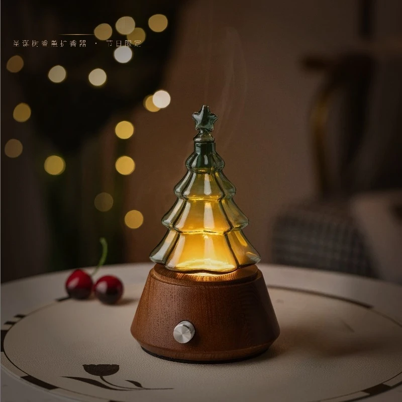 Wooden Desktop Christmas Tree Diffuser, Waterless Cold Mist Aroma Nebulizer, Gift Box for Holiday