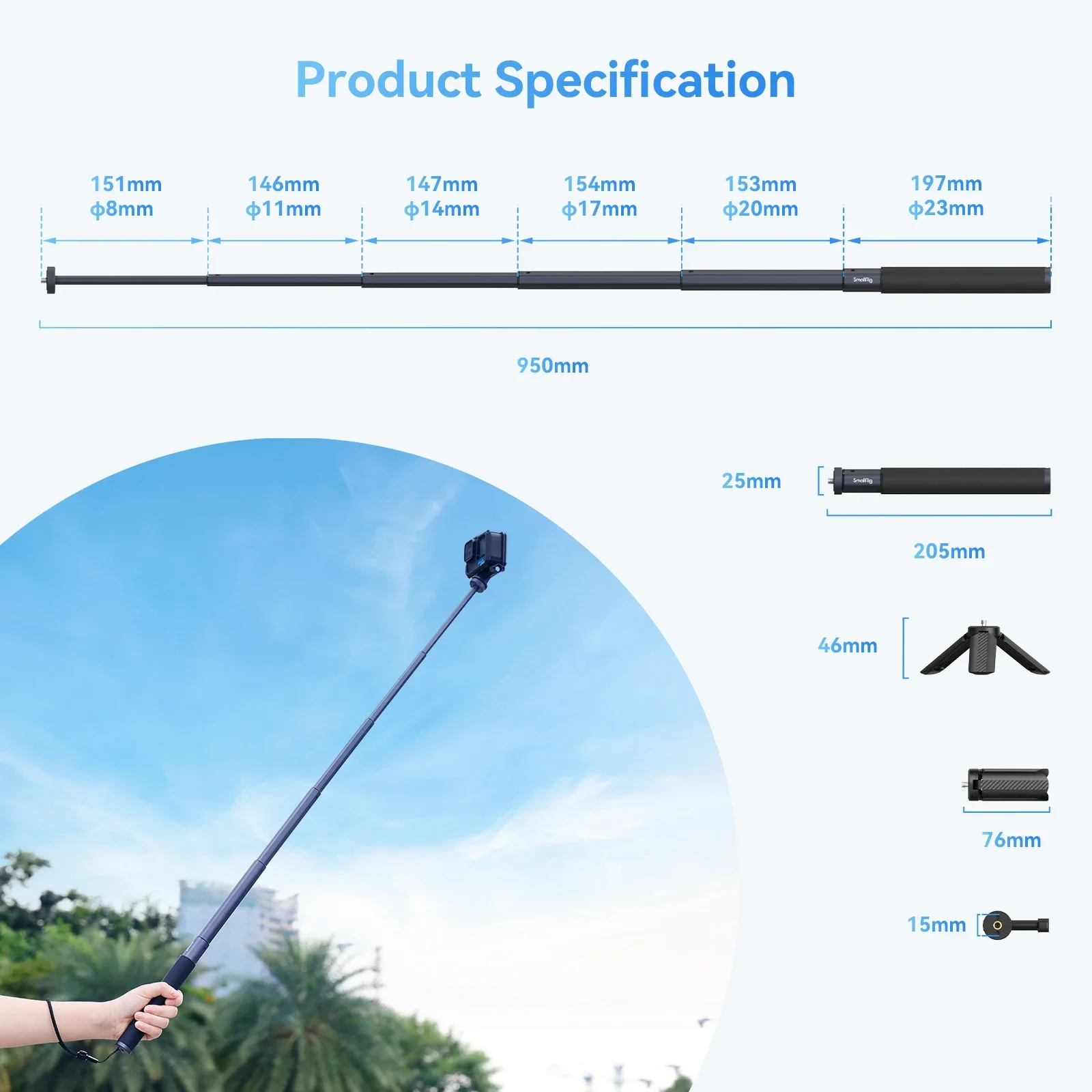 Imagem -06 - Telefone Smallrig Selfie Stick para Câmeras de Ação Gopro 12 10 Dji Insta360 x3 Akaso Iphone Samsung 4758