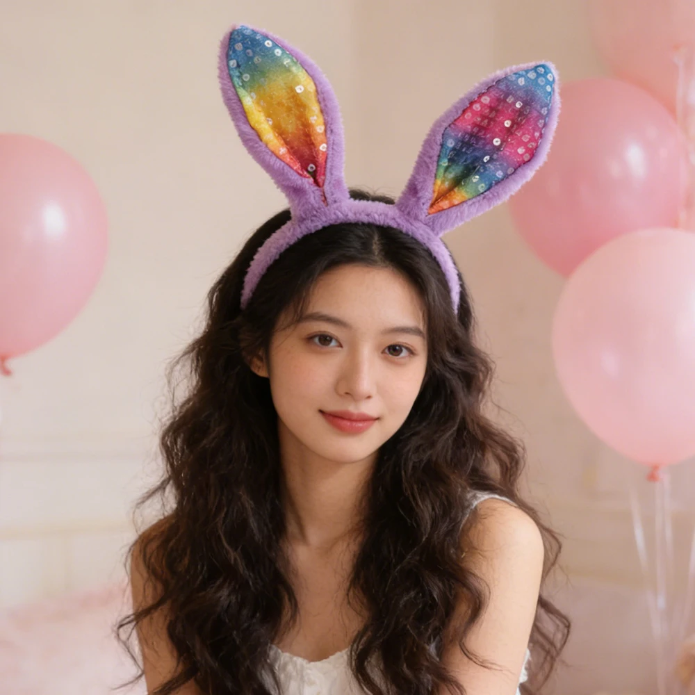 Unisex Plush Rabbit Ear Hair Hoop Easter Sequin Headband Theme Party Stage Performance Headdress Christmas Easter Cosplay Costum