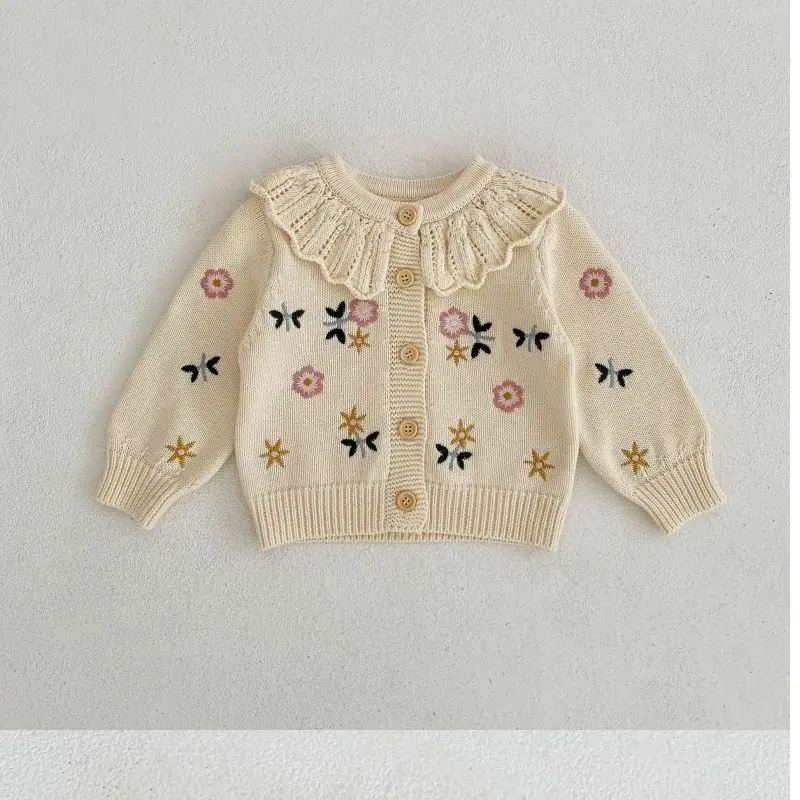 Children\'s Cute Knitted Sweater Baby Girl\'s Spring Autumn Flower Embroidery Lace Collar Single Breasted O-Neck Cardigan