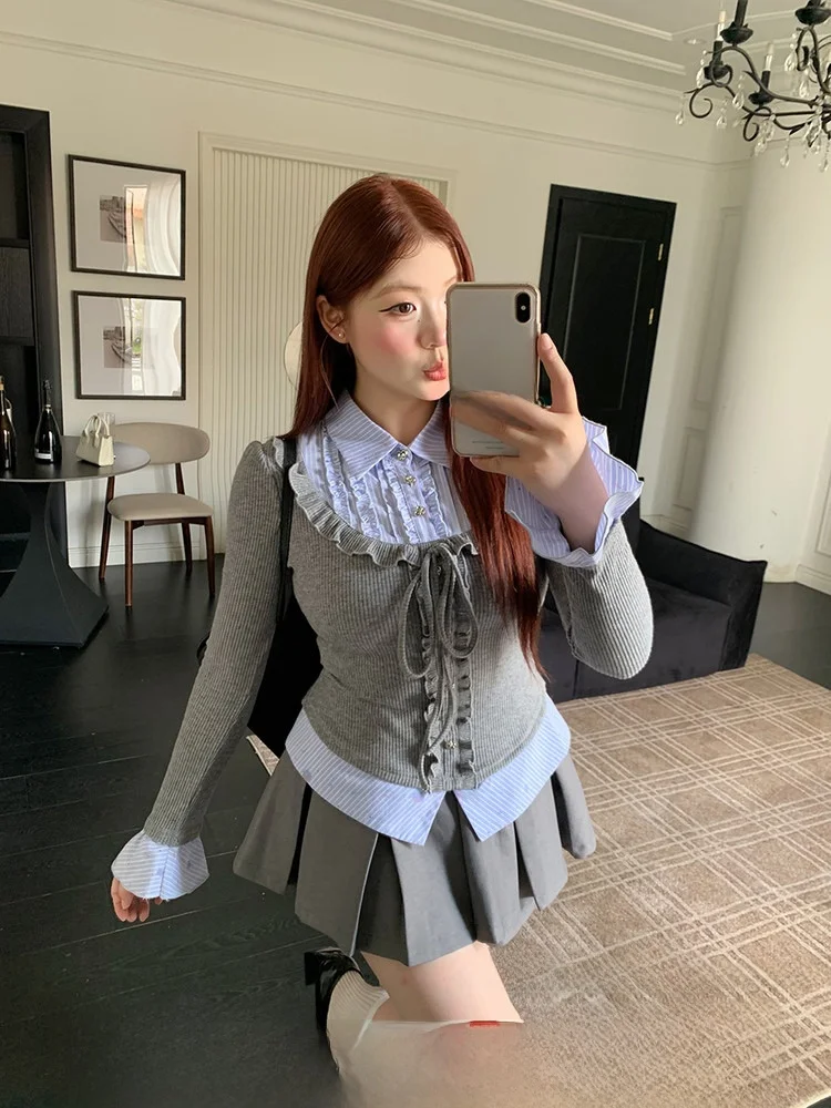 

SOUL Belize Weekly Korean Sle plus Size College Faion Autumn Winter Two-Piece Patchwork Slimming Top for Women