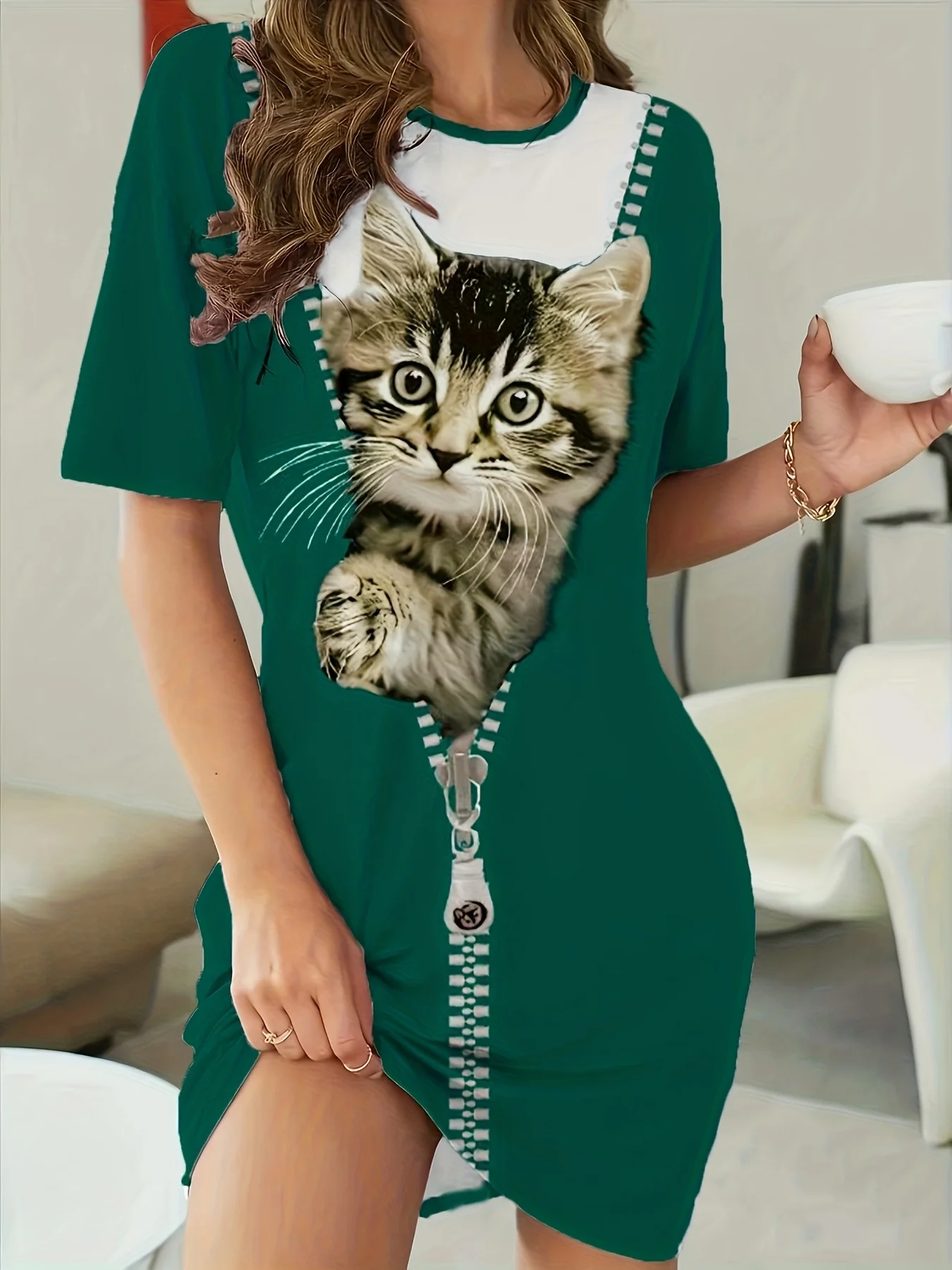 New Women Sundress Creative Lovely Cat 3D Print Ladies Summer Loose Beach Dress Casual Short Sleeve O-neck A-line Dress Vestidos