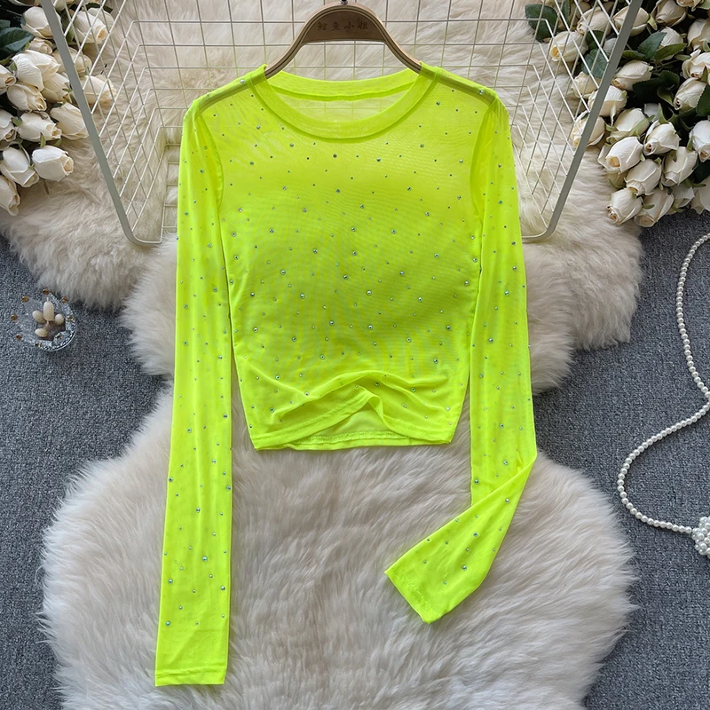 Women Chic Rhinestone Mesh Sheer Long Sleeve Crop Tops Slim Fit Sexy See Through T-shirts Fashion Party Nightclub T-shirt - view 4