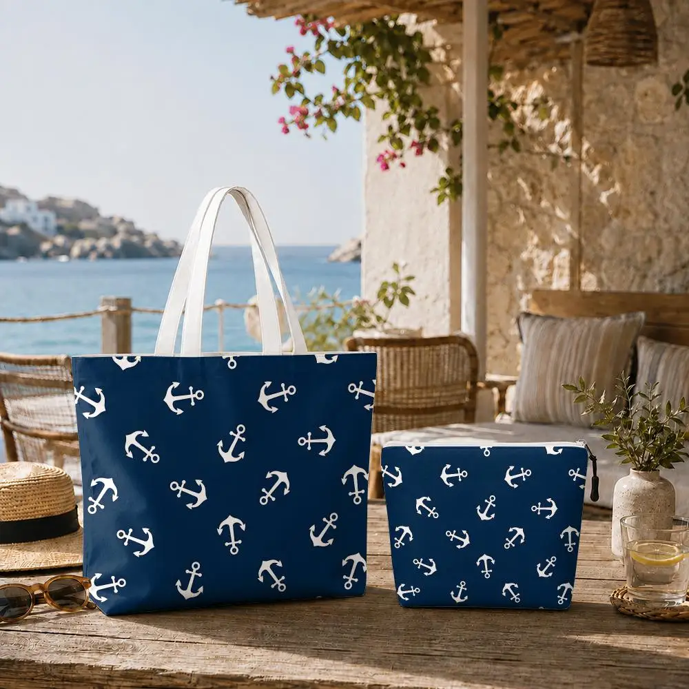 Navy Patterns Storage Bags 2-Piece Double-Sided Printed Canvas Tote Bag Set with Zipper Shopping Shoulder Bags Handbags