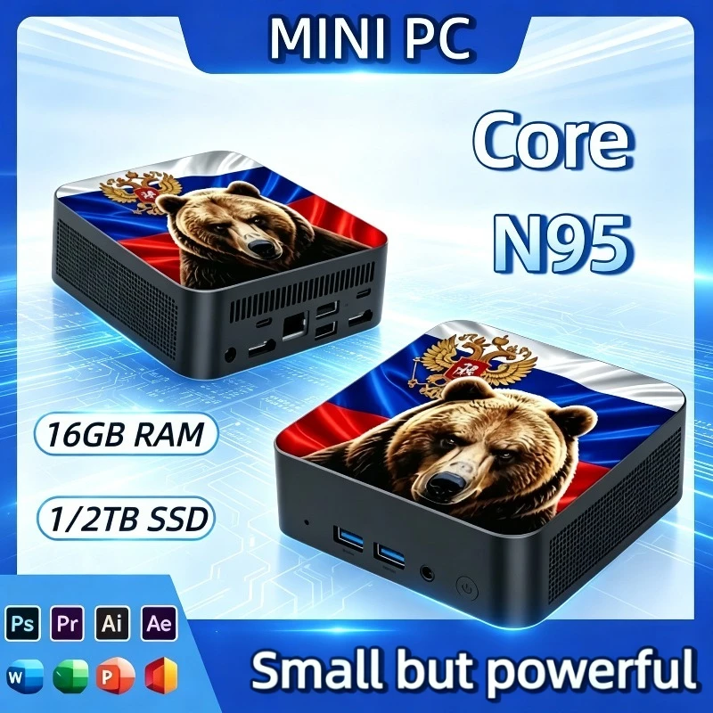 Ultra Slim Mini PC Core N95 16GB RAM 2TB SSD WiFi6 BT5.2 Win11 Pro 4K HD Portable Office Entertainment Desktop Russian Bear Flag