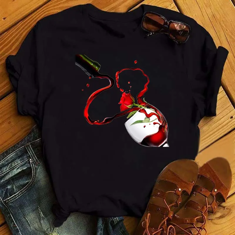 New BNew Women T-Shirt Casual Short Sleeve T Shirt Women's Fashion Rose Red Wine Glass Printed Black T-Shirt Female Tops Tees