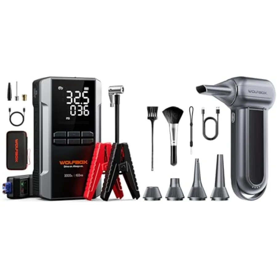 

Электрический воздуходув MF100 - 150000 об/мин, сверхмощный беспроводной воздуходув и пусковое устройство WOLFBOX 3000A с воздушным компрессором