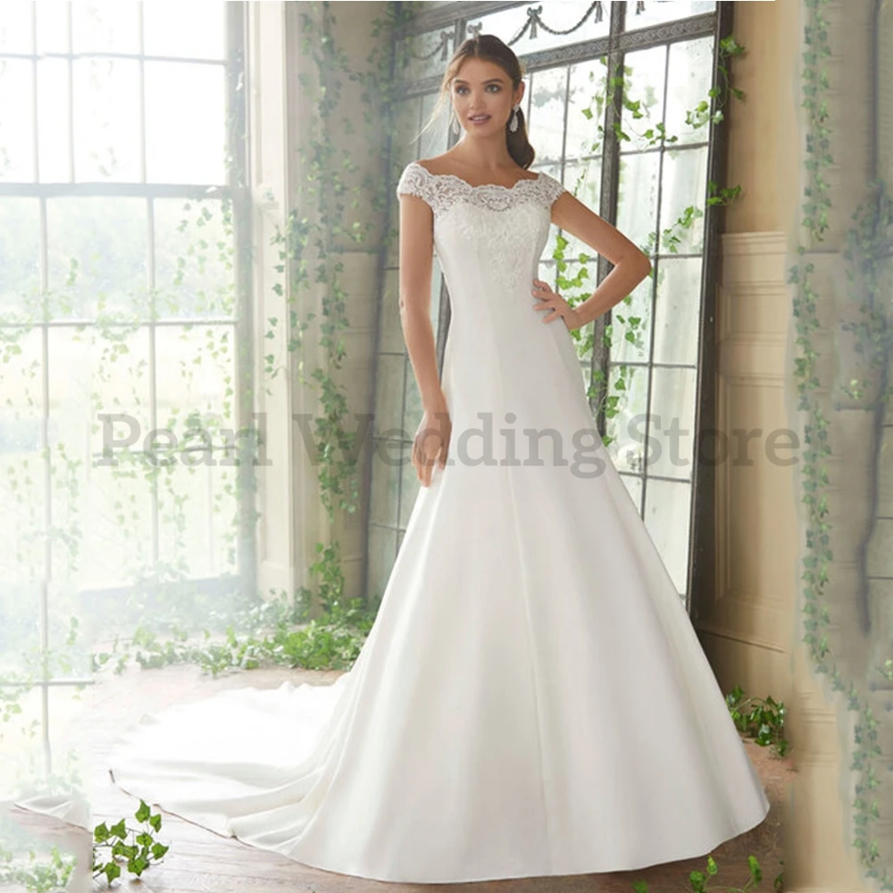 Pmwrun Elegante Trouwjurk Uit De Schouder Applicaties Simple Bodem Op Back Brush Trein Bridal Kerk Formele Trouwen Gown