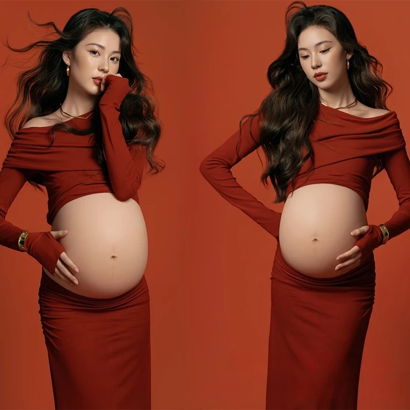 

Women Maternity Photography Clothing Red Off-shoulder Skirt 2pcs Set Pregnancy Clothing for Studio Shooting Photoshoot Clothes