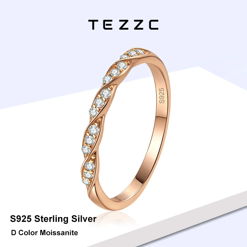 Tezzc Full Moissanite Rins for Women S925 Sterling Sliver with Rose Gold Color Girl Valentine's Day Lady Christmas Ring Gifts