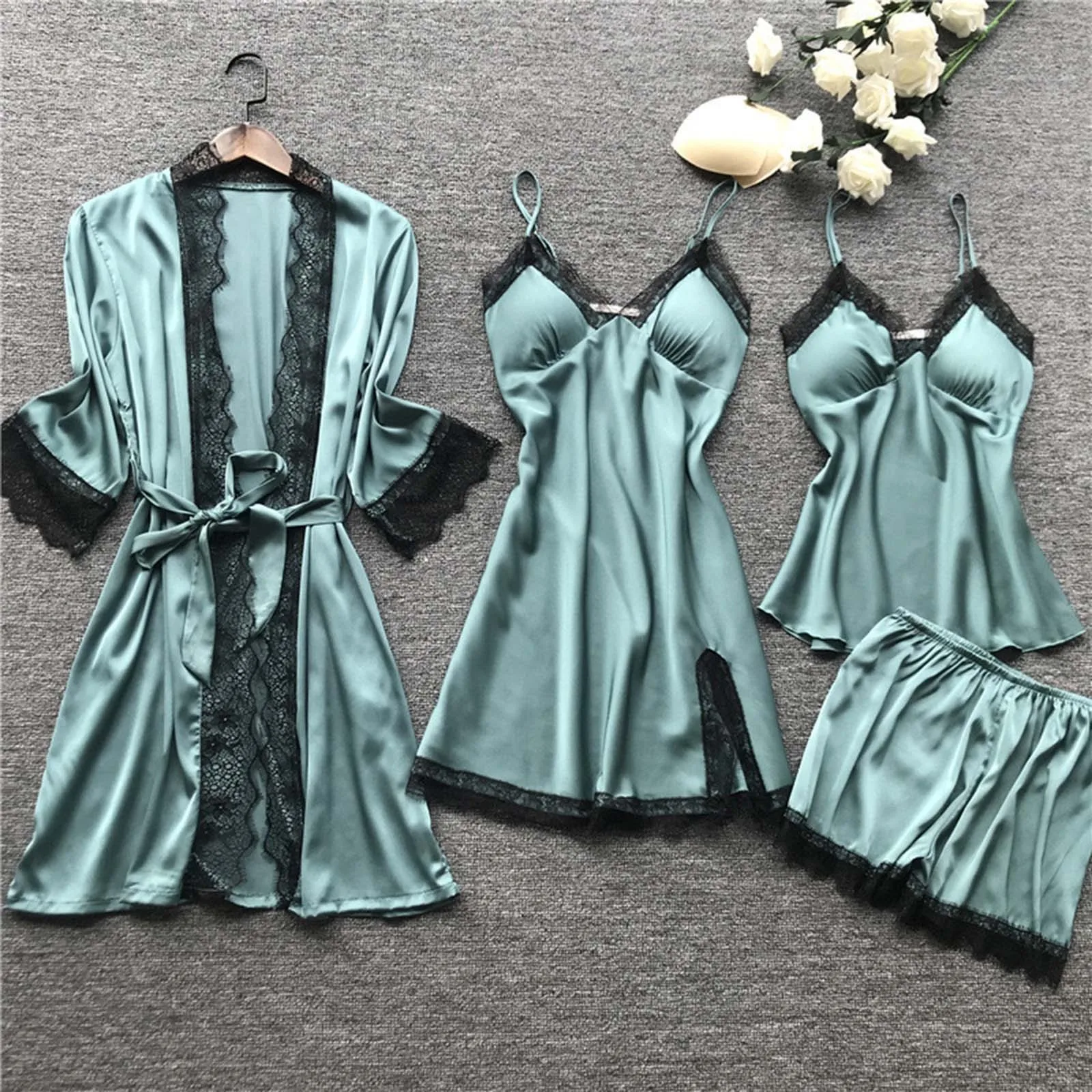 4pc/Set Satin Silk Women Lace Robe Dress Set Lingerie Sleepwear Set Pajamas Nightdress Women Homewear Clothes Night Gown