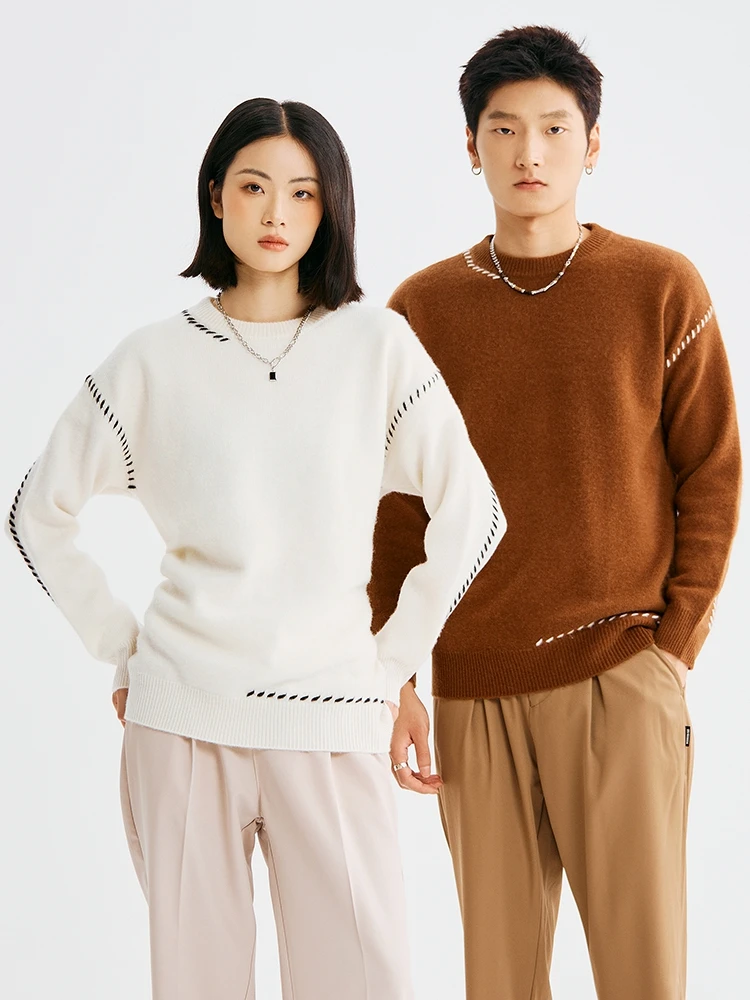 

Unisex O-neck Sweatshirt 100% Pure Wool Pullover Knitwear Sweater Autumn Winter Cashmere Coat Loose Thick Basic Clashing Color