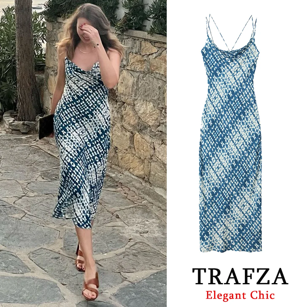 TRAFZA-Vestido casual feminino estampado, cinta de espaguete, sem encosto, sexy, magro, praia, feriado, moda verão, novo, 2024